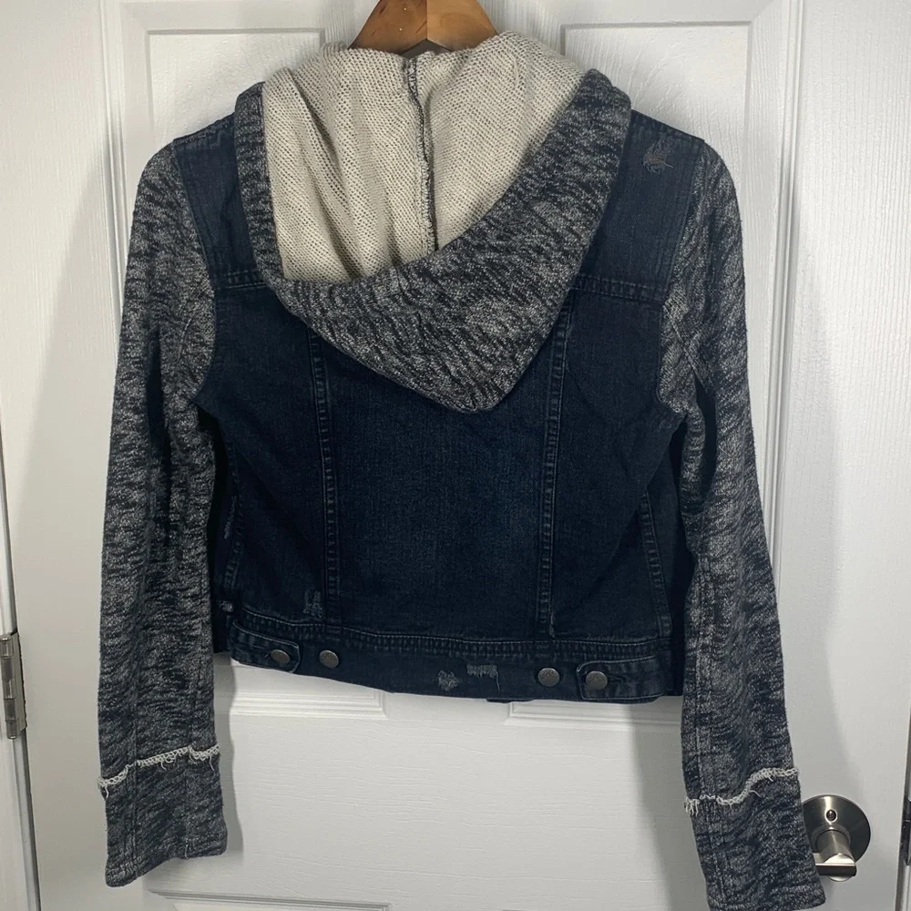 Free People distressed denim with built in hoodie sweatshirt jacket size XS